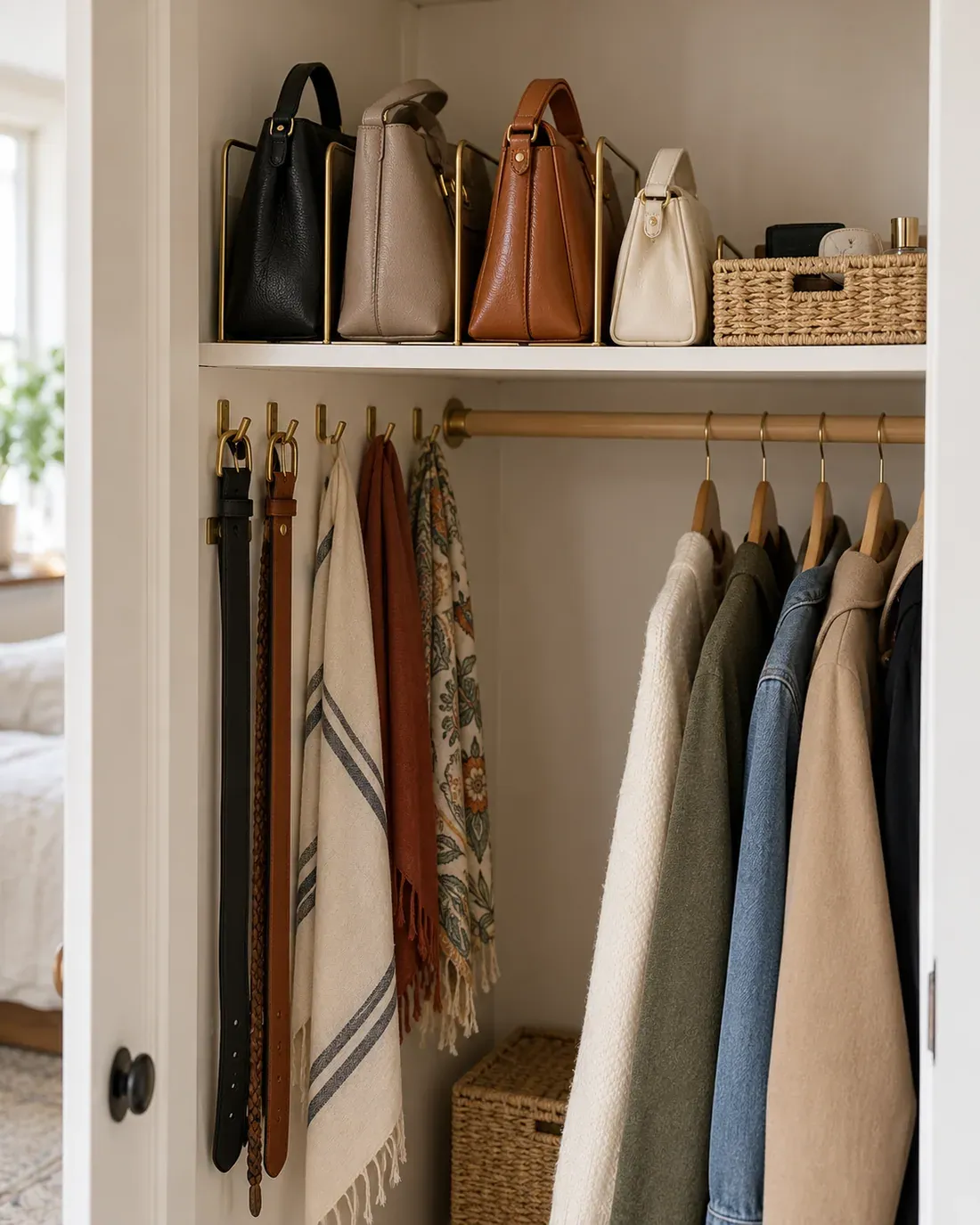 Small bags, belts and scarves organized on hooks and a narrow shelf
