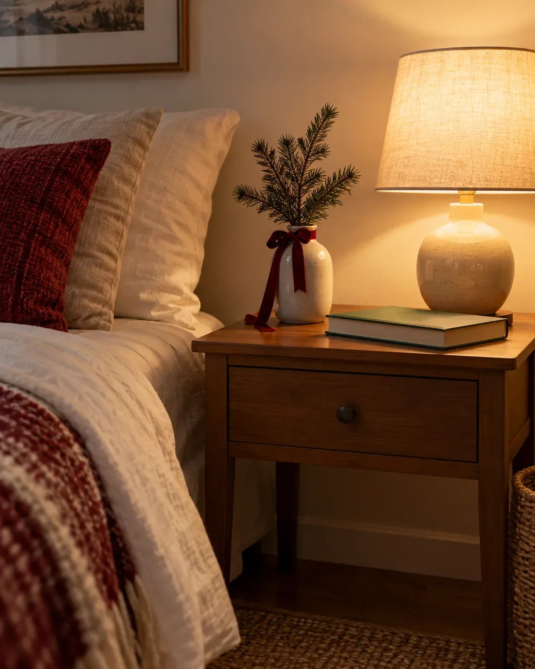 Neat bedside table with a warm lamp, small greenery sprig and holiday detail