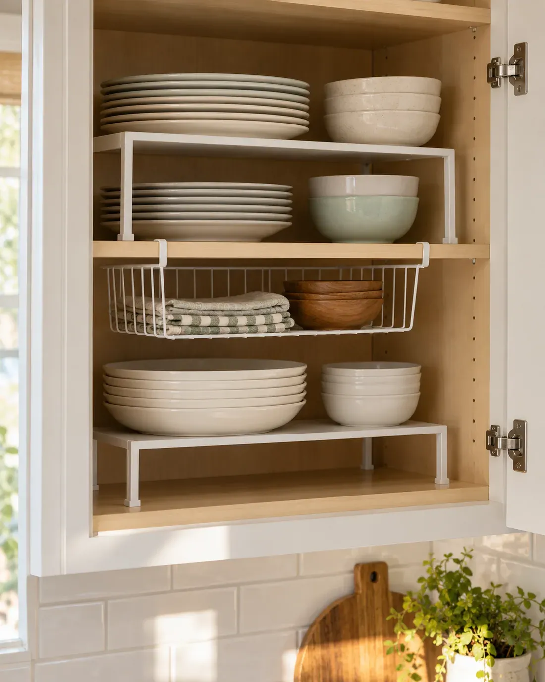 Small kitchen cabinet with dishes on shelf risers and a lightweight under-shelf basket