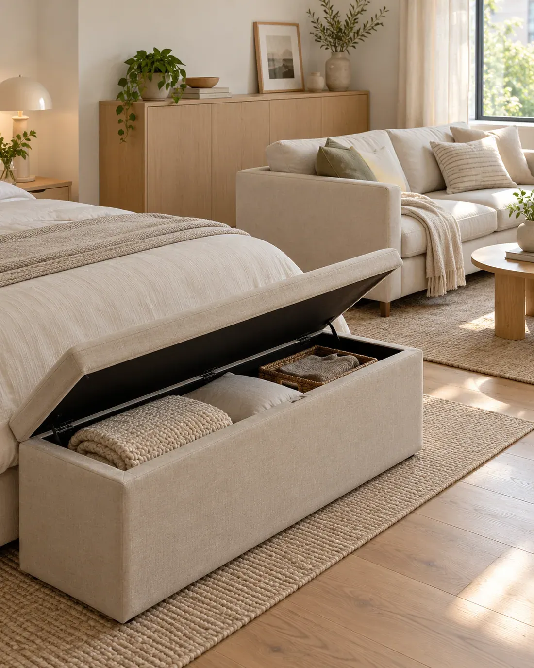 Studio apartment seating area with a practical storage bench and clear walking route
