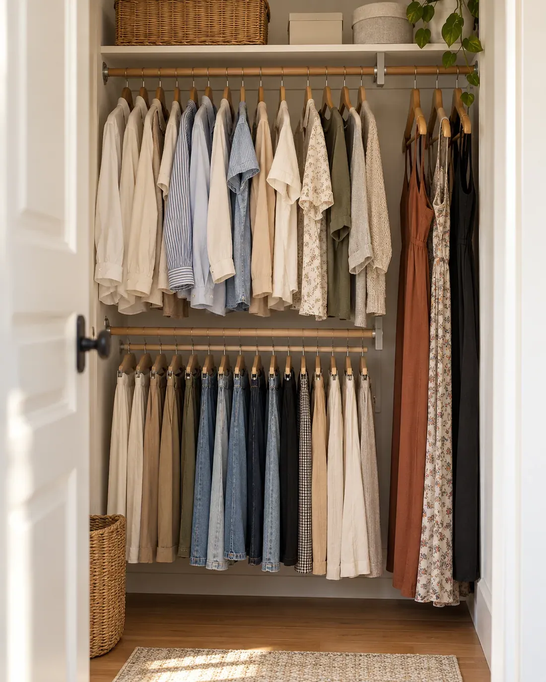 Short garments on two hanging levels inside a small reach-in closet