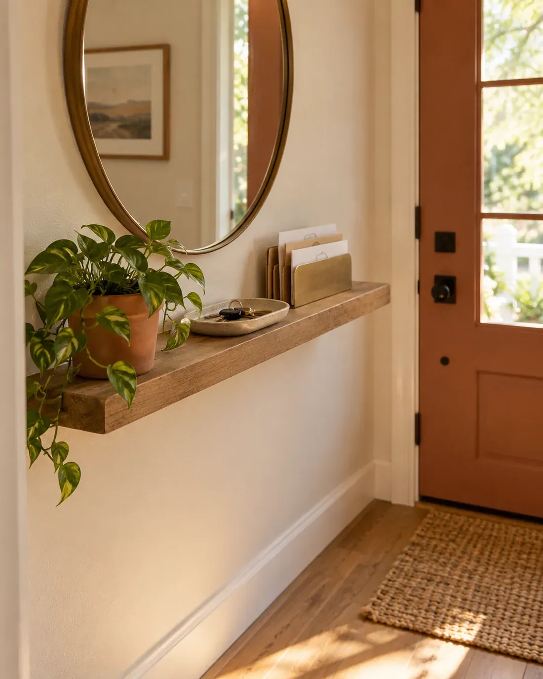 Compact entryway drop zone with key dish, wall hooks and a shallow surface