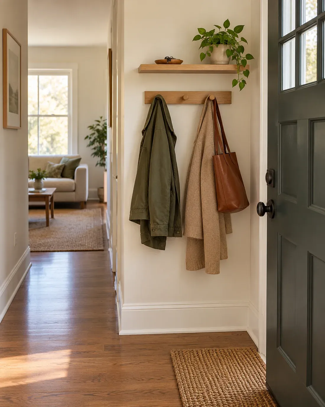 Wall hooks and a slim shelf forming a compact coat and key station