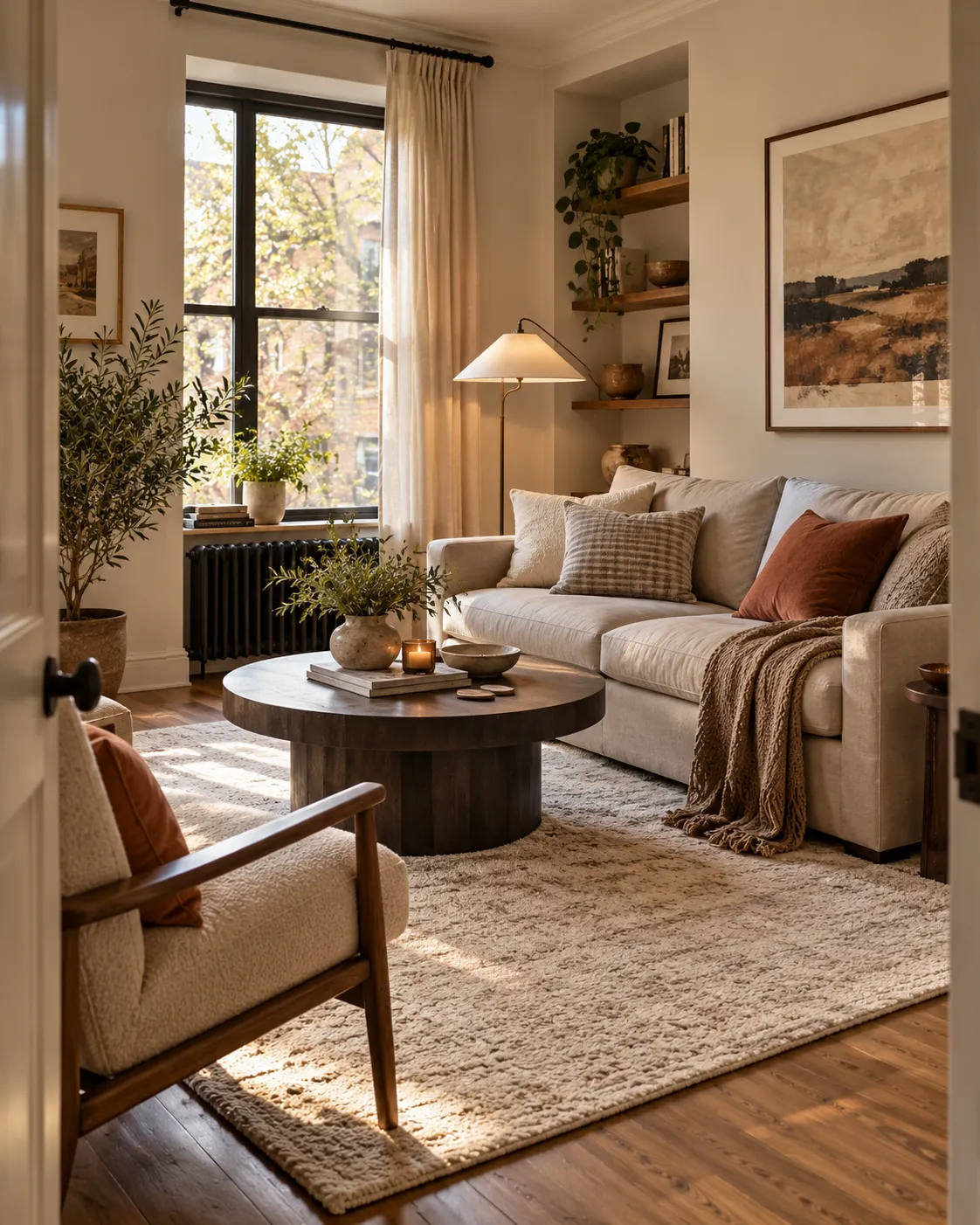 Small living room with a modest sofa, coffee table and clear route toward the window