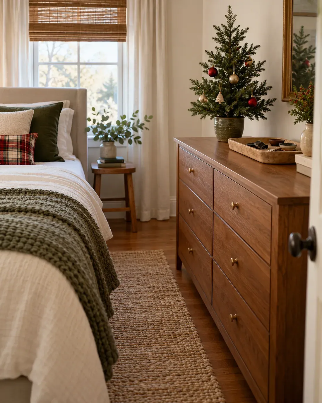 Small tabletop Christmas tree on a bedroom dresser with uncluttered surroundings