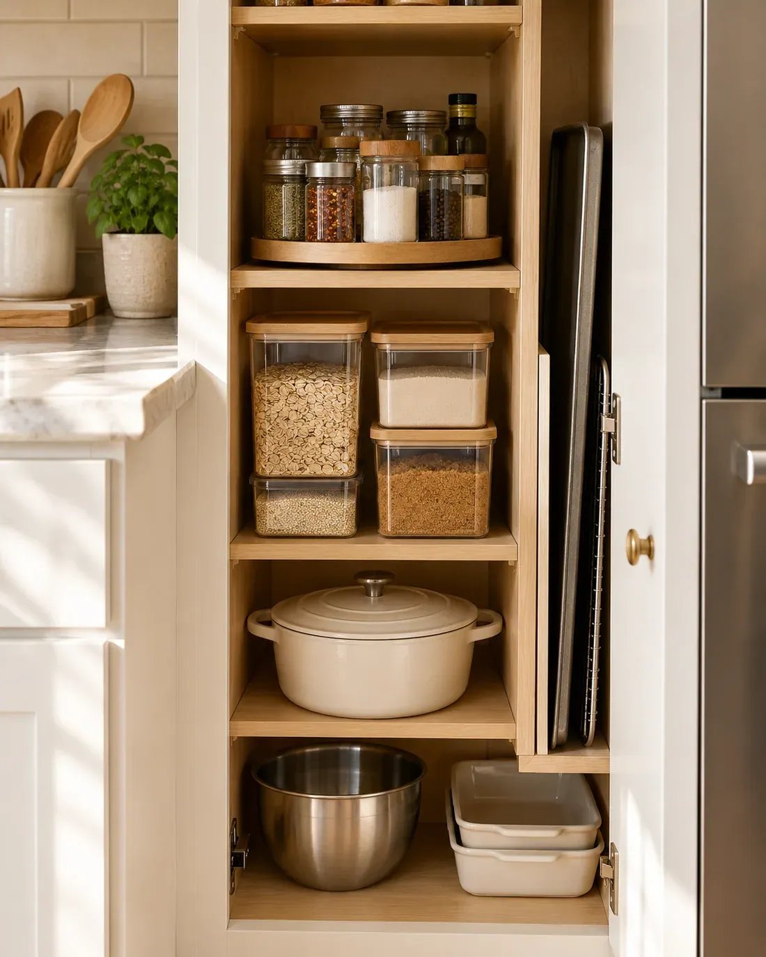 Narrow kitchen pantry with grouped dry goods, a turntable and vertical tray storage