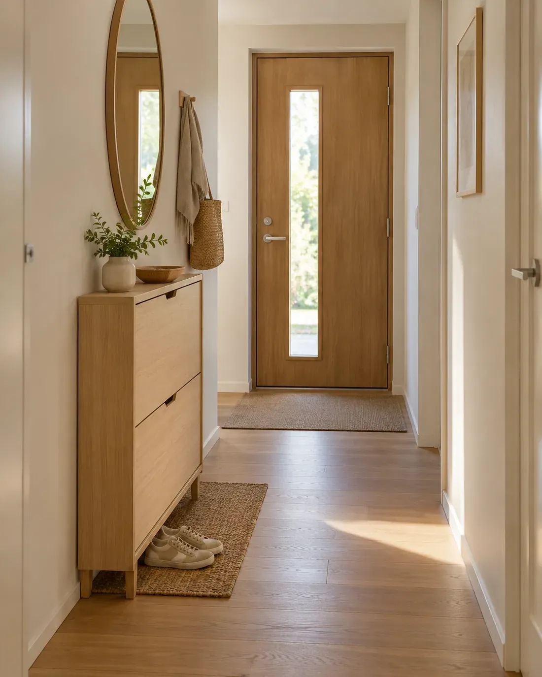 Shallow shoe cabinet and mirror along one wall of a narrow entryway