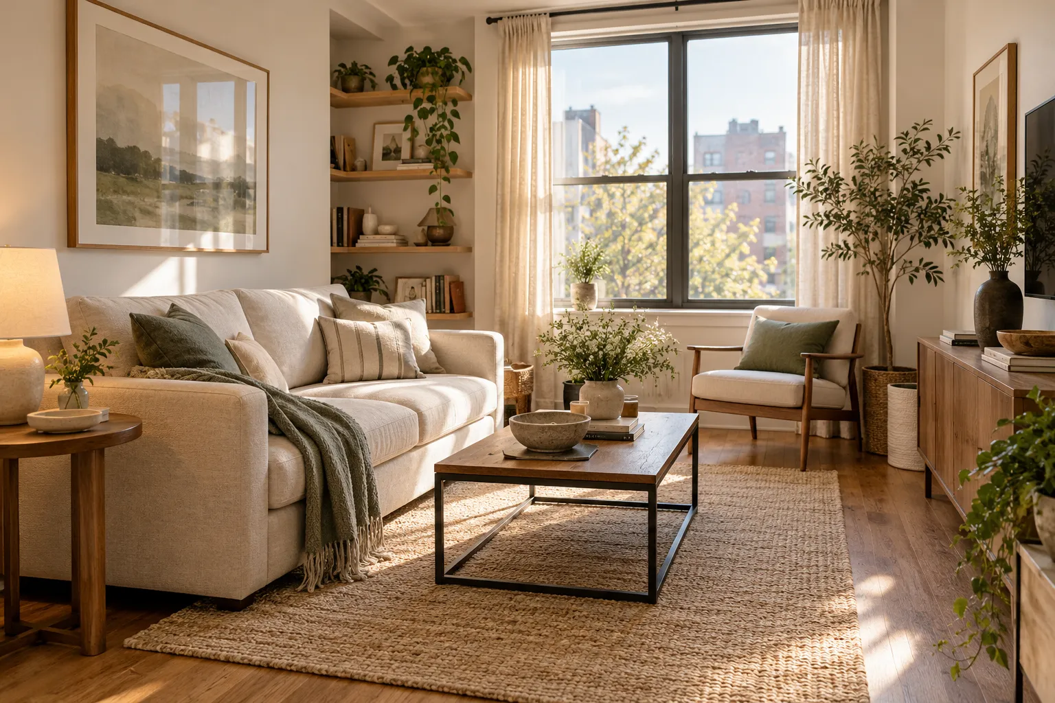 Compact neutral living room with a linen sofa, slim shelves and open walking path