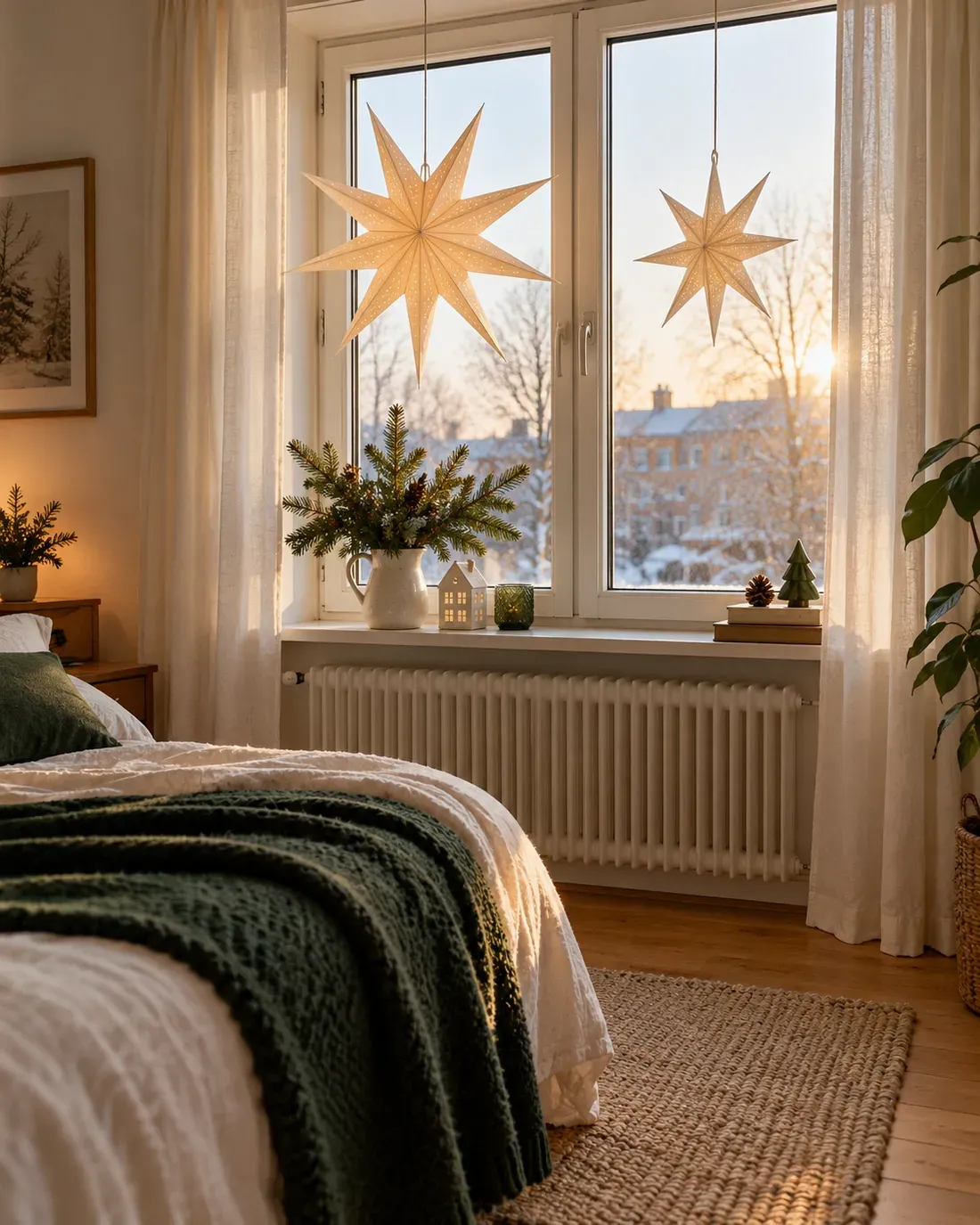 Paper star decoration at a small bedroom window with daylight passing through