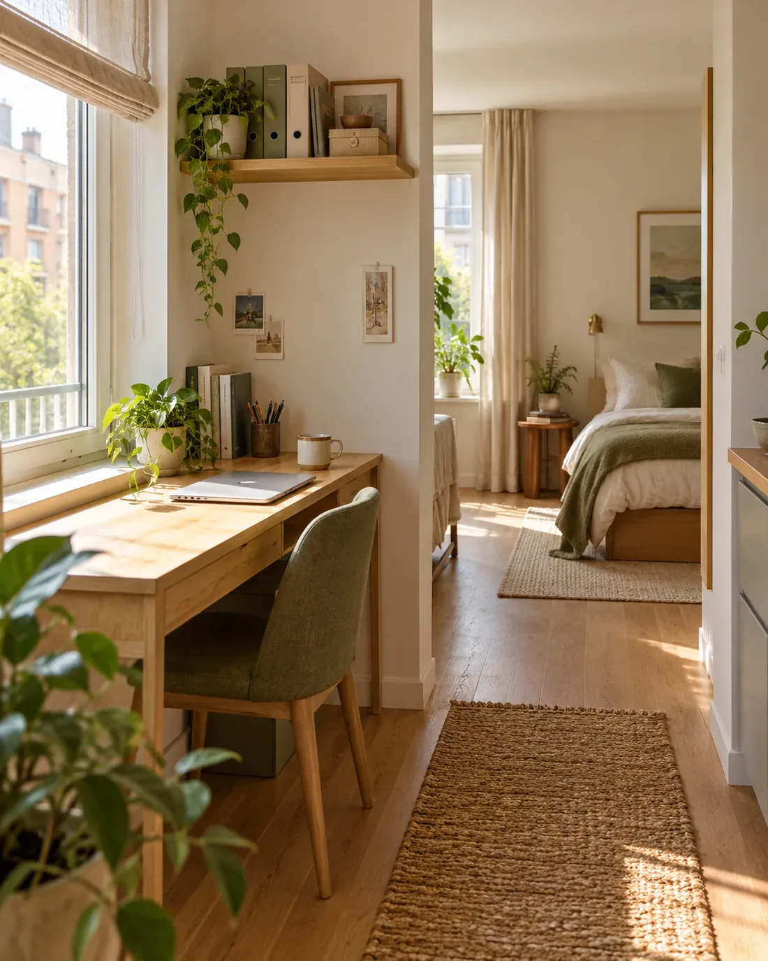 Compact desk and chair in a studio apartment work corner with natural light